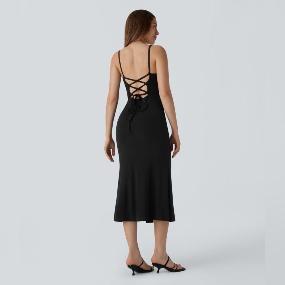 Halara Minimalist Black Ribbed‎ Knit Lace Up Midi Casual Slip Dress Size L NWT